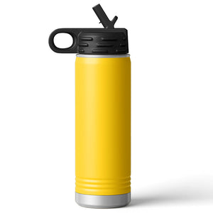Kodiak Coolers' yellow 20 oz insulated stainless steel water bottle features a custom logo laser engraved, black flip-top lid, and carrying loop. Ideal for corporate merchandise with no minimum order required and available volume pricing.