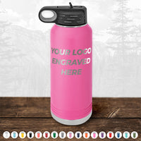 The Kodiak Coolers BLACK FRIDAY SALE Custom Drinkware features pink insulated bottles with black lids, space for your engraved logo (no setup fee, 1 side included), perfect as branded gifts. Displayed on wood with color options below.