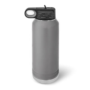 The Kodiak Coolers Custom 32 oz Water Bottle features a sleek design in gray stainless steel with a black screw-on lid and carrying handle. With laser engraving for logos, this stylish bottle is ideal as a promotional item.