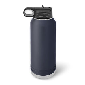 A 32 oz dark blue insulated stainless steel water bottle with a black loop handle lid, by Kodiak Coolers, on a white background—ideal as a promotional item. Custom logo or design laser engraved available with no minimum order and volume pricing.