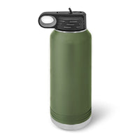 The Kodiak Coolers insulated stainless steel 32 oz water bottle, with a black flip-top lid and handle, is perfect for custom laser-engraved logos or designs, ideal as a promotional item.