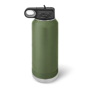 The Kodiak Coolers insulated stainless steel 32 oz water bottle, with a black flip-top lid and handle, is perfect for custom laser-engraved logos or designs, ideal as a promotional item.