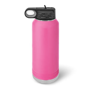 A pink 32 oz stainless steel water bottle by Kodiak Coolers with a loop-handled black lid sits on a white background. Ideal for promotional use, it’s customizable with logo engraving, offering personalization without minimum order requirements and comes with volume pricing.
