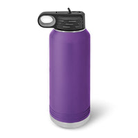 The Kodiak Coolers Custom 32 oz insulated stainless steel water bottle, featuring a purple body, black flip-top lid, and silver base, is ideal for logo engraving as a promotional item.
