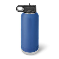 The blue Kodiak Coolers 32 oz insulated stainless steel water bottle features a black lid and handle, perfect for keeping drinks hot or cold. It's an ideal promotional item, with the option to have logos custom laser engraved for brand visibility.