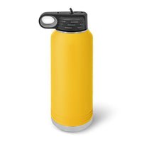 The Kodiak Coolers 32 oz yellow insulated stainless steel water bottle features a black lid and carrying loop. This customizable promotional item stands against a white background and can be laser engraved with your logo using the Live Designer feature, with no minimum order required.