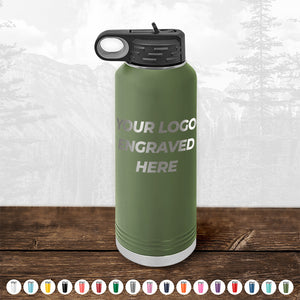 Green Kodiak Coolers 40 oz Custom Water Bottles with your Logo or Design Engraved on a wooden surface.