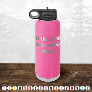Pink Kodiak Coolers Custom Water Bottles 40 oz with your Logo or Design Engraved on a wooden surface.