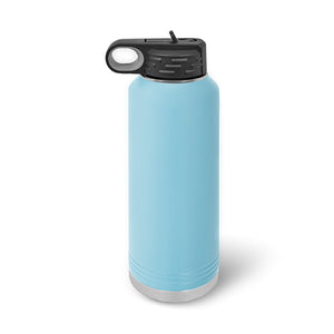 A blue, laser-engraved Kodiak Coolers 40 oz stainless steel water bottle with a black spill-proof flip-top lid and loop handle on a white background.