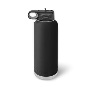 The Kodiak Coolers Custom 40 oz Water Bottle, featuring sleek black laser-engraved stainless steel and a spill-proof flip top lid, stands upright against a white background, showcasing its elegance.