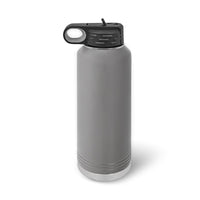 A Custom 40 oz gray water bottle by Kodiak Coolers with a spill-proof flip-top lid and carrying handle stands upright on a white background. Its sleek design features laser-engraved stainless steel, offering durability and style for daily hydration needs.