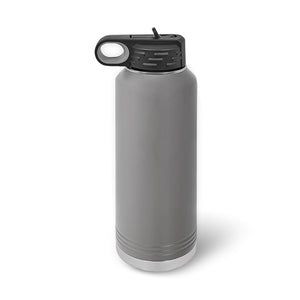 A Custom 40 oz gray water bottle by Kodiak Coolers with a spill-proof flip-top lid and carrying handle stands upright on a white background. Its sleek design features laser-engraved stainless steel, offering durability and style for daily hydration needs.