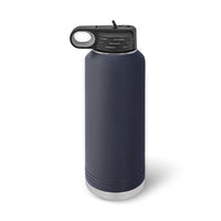A 40 oz Custom Water Bottle by Kodiak Coolers, laser engraved from dark gray stainless steel, features a spill-proof flip top lid and handle, standing upright on a white background.