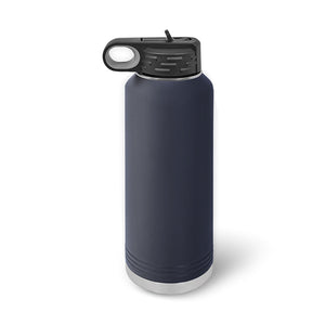 A 40 oz Custom Water Bottle by Kodiak Coolers, laser engraved from dark gray stainless steel, features a spill-proof flip top lid and handle, standing upright on a white background.