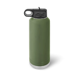 The Kodiak Coolers Custom 40 oz Water Bottle features a spill-proof flip-top lid in sleek black, a handy carrying loop, and durable stainless steel design. It's photographed upright against a white background and can be personalized with laser engraving using the Live Designer tool.