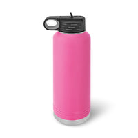 A pink Kodiak Coolers 40 oz insulated water bottle, laser engraved from stainless steel with a spill-proof flip-top black lid and loop handle, stands upright on a white background.