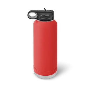 A 40 oz red insulated water bottle from Kodiak Coolers features a black spill-proof flip-top lid, a metal base with laser-engraved details, and a carrying loop.