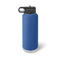 A blue Kodiak Coolers 40 oz water bottle with a spill-proof flip-top lid and loop handle stands upright on a white background, perfect for those seeking custom laser engraved options.