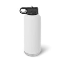 The Kodiak Coolers Custom 40 oz Water Bottle features a laser-engraved design on sleek white stainless steel and comes with a spill-proof flip-top lid, offering elegance and practicality for on-the-go hydration.