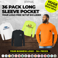 Promote the "Huge Savings Bulk Deal" on a 36-pack of Gildan Ultra Cotton Long Sleeve Pocket T-Shirts (2410) with your custom screen-printed logo, available in assorted colors. Perfect for businesses—display advertising now!.