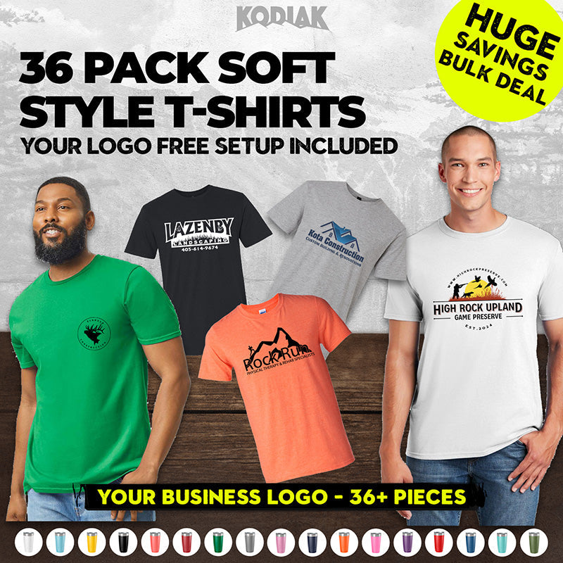A group models Gildan Softstyle® t-shirts with custom business logos. Get a 36-pack of Gildan 64000 ring-spun cotton shirts with your logo included—free setup and bulk savings!.