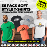 A group models Gildan Softstyle® t-shirts with custom business logos. Get a 36-pack of Gildan 64000 ring-spun cotton shirts with your logo included—free setup and bulk savings!.
