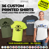 Showcase your company logo on the Gildan 5000 (Pack of 36) Heavy 100% Cotton Custom T-Shirts, featuring four sample designs and a model. Enjoy a bulk deal, free logo setup, and premium durable fabric—perfect for custom workwear.