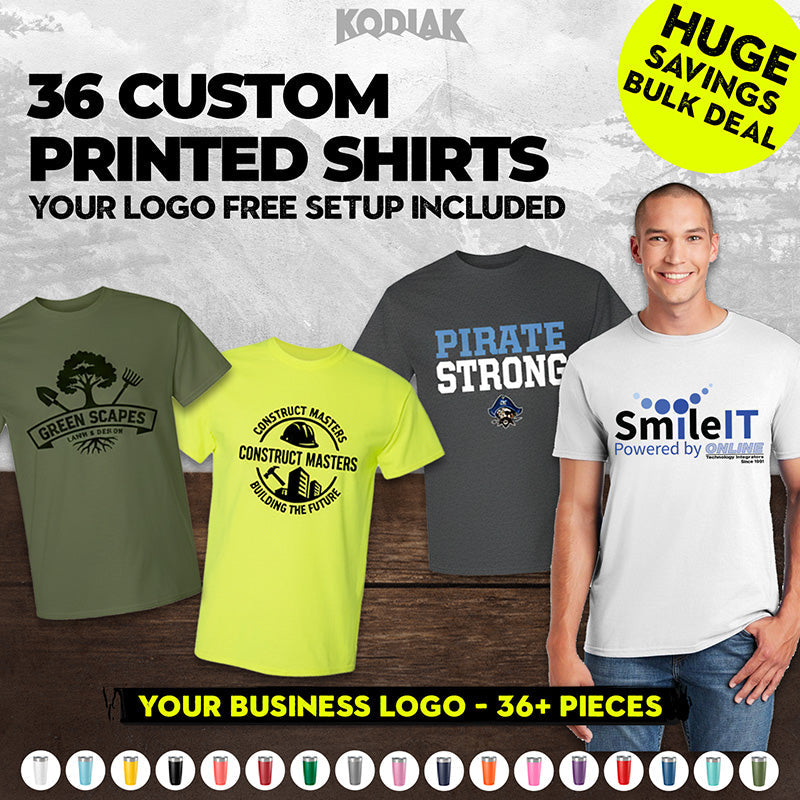 Showcase your company logo on the Gildan 5000 (Pack of 36) Heavy 100% Cotton Custom T-Shirts, featuring four sample designs and a model. Enjoy a bulk deal, free logo setup, and premium durable fabric—perfect for custom workwear.