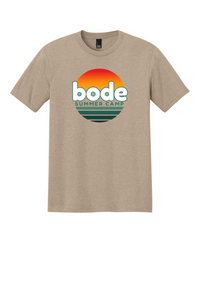 Printify’s 2026 Bode Summer Bootcamp Unisex T-Shirt DM130 features the OG logo on a tan tri-blend, with a retro "bode SUMMER CAMP" graphic in an orange and green sunset circle; lightweight and breathable for all-day comfort.