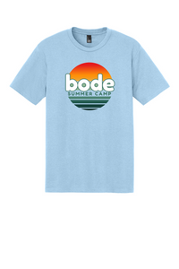 The 2026 Bode Summer Bootcamp OG Logo Unisex T-Shirt by Printify features a light blue tri-blend fabric with "bode SUMMER CAMP" in bold over a sunset graphic for breathable, all-day comfort.