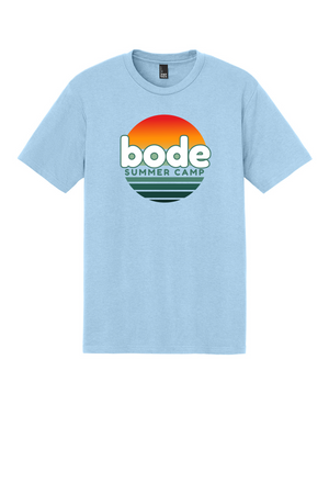 The 2026 Bode Summer Bootcamp OG Logo Unisex T-Shirt by Printify features a light blue tri-blend fabric with "bode SUMMER CAMP" in bold over a sunset graphic for breathable, all-day comfort.