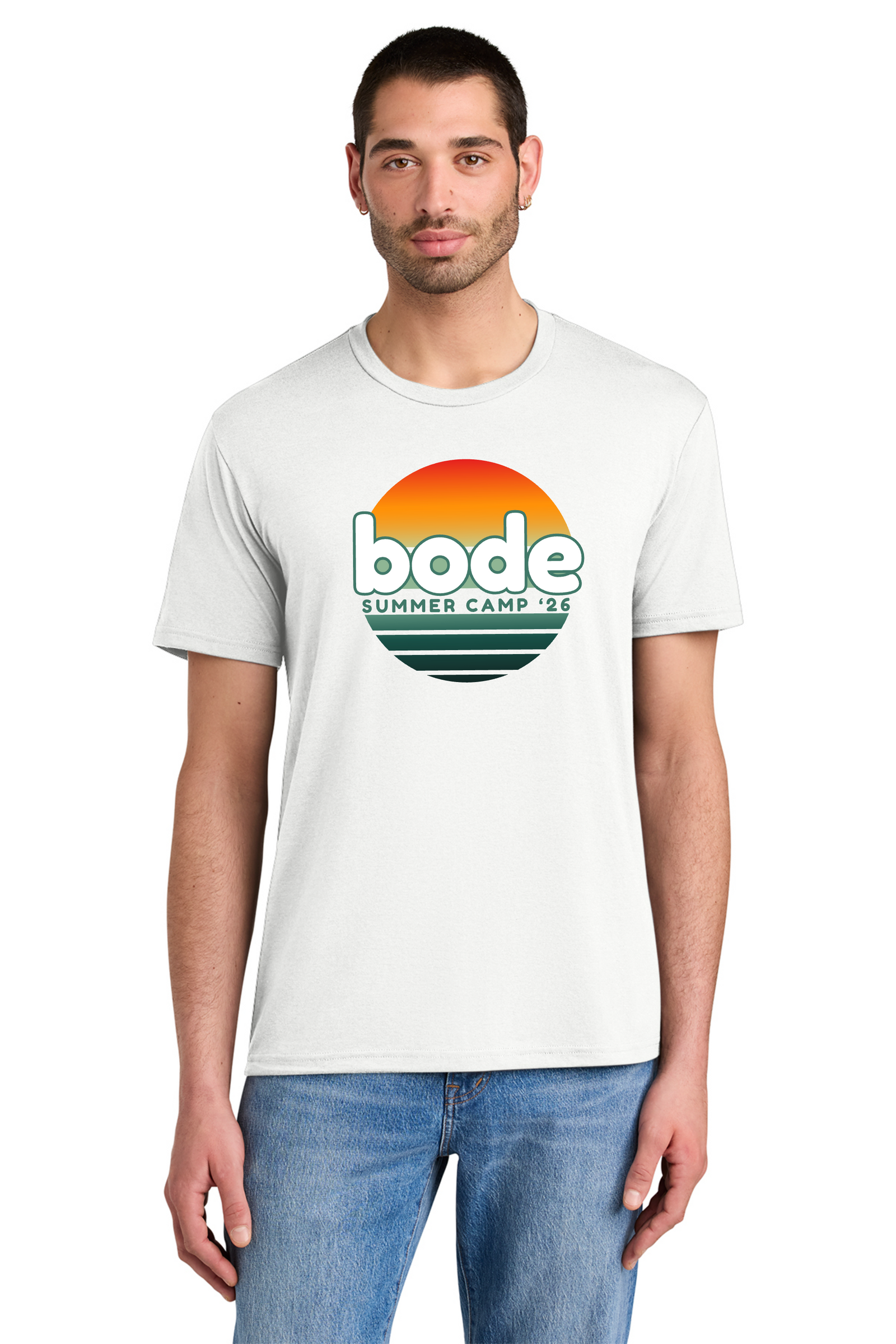 A man wears jeans and a white Printify 2026 Bode Summer Bootcamp OG Logo Unisex T-Shirt DM130 Tri Blend featuring a sunset graphic and “bode SUMMER CAMP ’26”. Soft, breathable, drapey fabric ensures all-day comfort.