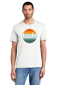A man wears jeans and a white Printify 2026 Bode Summer Bootcamp OG Logo Unisex T-Shirt DM130 Tri Blend featuring a sunset graphic and “bode SUMMER CAMP ’26”. Soft, breathable, drapey fabric ensures all-day comfort.