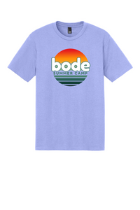 The Printify 2026 Bode Summer Bootcamp OG Logo Unisex Tri Blend T-Shirt DM130 features a light purple color and a "bode SUMMER CAMP" logo with a sunset graphic in red, orange, and teal on the chest.