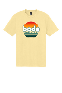 The Printify 2026 Bode Summer Bootcamp Unisex T-Shirt DM130 features the OG logo and a sunset graphic on light yellow tri-blend fabric, offering breathable comfort for all-day wear.