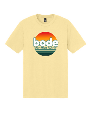 The Printify 2026 Bode Summer Bootcamp Unisex T-Shirt DM130 features the OG logo and a sunset graphic on light yellow tri-blend fabric, offering breathable comfort for all-day wear.