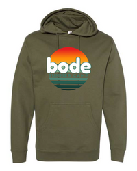 The Printify 2026 Bode Summer Bootcamp OG Logo Hoodie Sweatshirt (Unisex) features an olive green cotton-poly fleece, sunset chest graphic, adjustable hood, and is crafted from durable Independent Trading Co. SS4500 material.