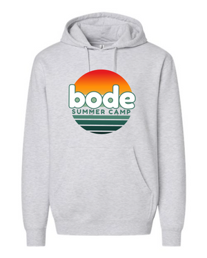 The 2026 Bode Summer Bootcamp OG Logo Hoodie Sweatshirt by Printify features a light gray cotton-poly fleece, adjustable hood, front pocket, and retro "bode SUMMER CAMP" sunset logo. Made with Independent Trading Co. SS4500.