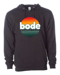 The 2026 Bode Summer Bootcamp OG Logo Hoodie by Printify is a unisex Independent Trading Co. SS4500 sweatshirt featuring a soft cotton-poly fleece, front pocket, adjustable hood, and "bode summer camp" logo in white and green over a sunset background.