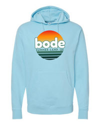 The 2026 Bode Summer Bootcamp OG Logo Hoodie Sweatshirt by Printify is a light blue cotton-poly fleece unisex SS4500 hoodie with a front pocket, sunset graphic, and "bode SUMMER CAMP '26" chest print—ideal for cool evenings.