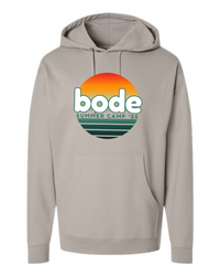 The Printify 2026 Bode Summer Bootcamp OG Logo Hoodie Sweatshirt, made from cotton-poly fleece, features a "bode" and "Summer Camp '26" sunset chest graphic plus an adjustable hood for comfort. Unisex by Independent Trading Co. SS4500.
