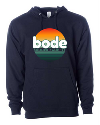 The 2026 Bode Summer Bootcamp OG Logo Hoodie Sweatshirt by Printify features a sunset gradient “bode SUMMER CAMP ’26” chest logo. This unisex black fleece, crafted with the trusted Independent Trading Co. SS4500, has an adjustable hood.