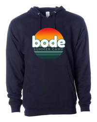 The 2026 Bode Summer Bootcamp OG Logo Hoodie Sweatshirt by Printify is a unisex black cotton-poly fleece hoodie in the classic Independent Trading Co. SS4500 style, with an adjustable hood, front pocket, and "bode SUMMER CAMP" sunset graphic on the chest.
