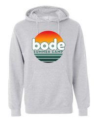 A light gray unisex hoodie by Printify, made with soft cotton-poly fleece, featuring the 2026 Bode Summer Bootcamp OG logo, sunset graphic, green stripes and an adjustable hood; crafted by Independent Trading Co. SS4500.