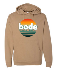 The 2026 Bode Summer Bootcamp OG Logo Hoodie Sweatshirt by Printify is a tan unisex fleece hoodie with a sunset graphic and "bode" and "Summer Camp '26" text, crafted in soft cotton-poly for comfort.