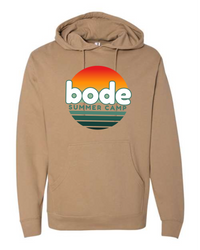 The Printify 2026 Bode Summer Bootcamp OG Logo Unisex Hoodie Sweatshirt (Independent Trading Co. SS4500) features cotton-poly fleece, an adjustable hood, front pocket, and "bode SUMMER CAMP" text over a sunset chest graphic.