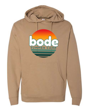 The Printify 2026 Bode Summer Bootcamp OG Logo Unisex Hoodie Sweatshirt (Independent Trading Co. SS4500) features cotton-poly fleece, an adjustable hood, front pocket, and "bode SUMMER CAMP" text over a sunset chest graphic.