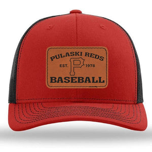 The designerapp Pulaski Reds Baseball Est. 1978 Richardson 112 Snapback Trucker Cap features a custom leather patch with a bold "P" and classic red/black colorway for style and comfort.