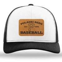 The Pulaski Reds Baseball Richardson 112 snapback trucker cap by designerapp features a custom leather patch with "Pulaski Reds Baseball Est. 1978" and a large "P" in the center. Black and white, adjustable fit.