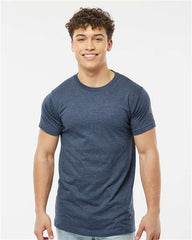 A man wearing a Tultex Unisex Fine Jersey T-Shirt 100% Cotton and jeans.